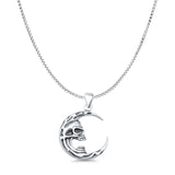 Moon & Skull Pendant Box Chain Necklace Oxidized 925 Sterling Silver