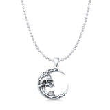 Moon & Skull Pendant Bead Chain Necklace Oxidized 925 Sterling Silver