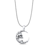 Moon & Skull Pendant Rope Chain Necklace Oxidized 925 Sterling Silver