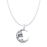 Moon & Skull Pendant Rolo Chain Necklace Oxidized 925 Sterling Silver