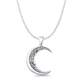 Moon & Vines Pendant Bead Chain Necklace Oxidized 925 Sterling Silver