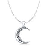 Moon & Vines Pendant Rolo Chain Necklace Oxidized 925 Sterling Silver