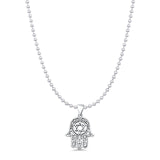 Hamsa & Star Of David Pendant Bead Chain Necklace Oxidized 925 Sterling Silver