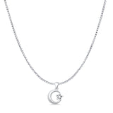 Moon & Star Charm Pendant Box Chain Necklace Oxidized 925 Sterling Silver