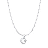 Moon & Star Charm Pendant Bead Chain Necklace Oxidized 925 Sterling Silver