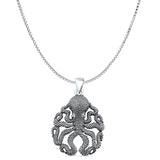 Octopus Charm Pendant Box Chain Necklace Oxidized 925 Sterling Silver