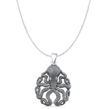 Octopus Charm Pendant Cable Chain Necklace Oxidized 925 Sterling Silver