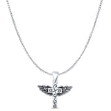 Cross & Wings Charm Pendant Box Chain Necklace Oxidized 925 Sterling Silver