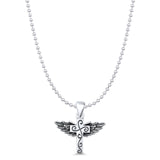 Cross & Wings Charm Pendant Bead Chain Necklace Oxidized 925 Sterling Silver