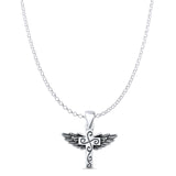 Cross & Wings Charm Pendant Rolo Chain Necklace Oxidized 925 Sterling Silver