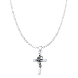 Rose Flower & Cross Pendant Rolo Chain Necklace Oxidized 925 Sterling Silver