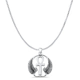 Ankh & Wings Pendant Box Chain Necklace Oxidized 925 Sterling Silver