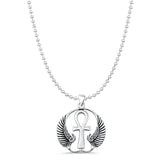 Ankh & Wings Pendant Bead Chain Necklace Oxidized 925 Sterling Silver