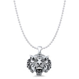 Tiger Head Pendant Bead Chain Necklace Oxidized 925 Sterling Silver