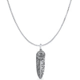 Feather & Evil Eye Pendant Box Chain Necklace Oxidized 925 Sterling Silver