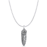 Feather & Evil Eye Pendant Bead Chain Necklace Oxidized 925 Sterling Silver