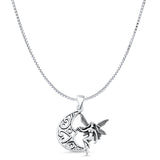 Fairy & Moon Pendant Box Chain Necklace Oxidized 925 Sterling Silver