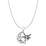 Fairy & Moon Pendant Bead Chain Necklace Oxidized 925 Sterling Silver