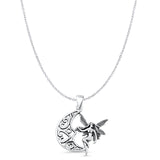 Fairy & Moon Pendant Cable Chain Necklace Oxidized 925 Sterling Silver