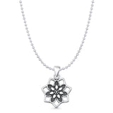 Flower Pendant Bead Chain Necklace Oxidized 925 Sterling Silver