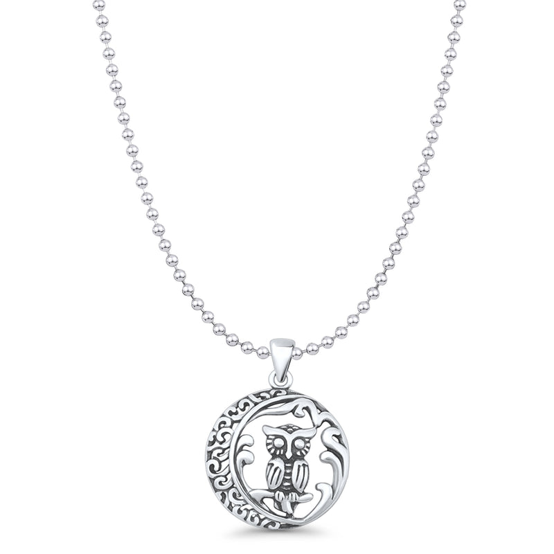 Filigree Owl & Moon Pendant Necklace