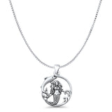 Mermaid & Dolphin Pendant Box Chain Necklace Oxidized 925 Sterling Silver