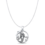 Mermaid & Dolphin Pendant Cable Chain Necklace Oxidized 925 Sterling Silver