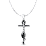 Cobra Snake Cross Pendant Rolo Chain Necklace Oxidized Black CZ 925 Sterling Silver