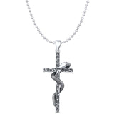 Snake & Cross Pendant Bead Chain Necklace Oxidized 925 Sterling Silver