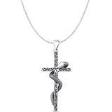 Snake & Cross Pendant Cable Chain Necklace Oxidized 925 Sterling Silver