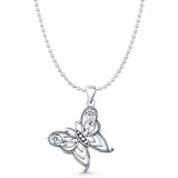 Butterfly Filigree Pendant Bead Chain Necklace Oxidized 925 Sterling Silver