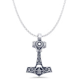 Viking Mjolnir Skull Pendant Rolo Chain Necklace Oxidized 925 Sterling Silver