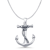 Anchor & Skull Pendant Box Chain Necklace Oxidized 925 Sterling Silver