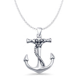 Anchor & Skull Pendant Rolo Chain Necklace Oxidized 925 Sterling Silver