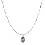 Oval Virgin Mary Pendant Oxidized Box Chain Necklace 925 Sterling Silver