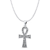 Ankh Cross Pendant Oxidized Bead Chain Necklace 925 Sterling Silver
