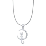Crescent Moon Cat Pendant Oxidized Snake Chain Necklace 925 Sterling Silver