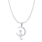Crescent Moon Cat Pendant Oxidized Bead Chain Necklace 925 Sterling Silver
