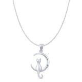 Crescent Moon Cat Pendant Oxidized Cable Chain Necklace 925 Sterling Silver