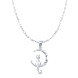 Crescent Moon Cat Pendant Oxidized Rolo Chain Necklace 925 Sterling Silver