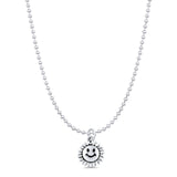 Smiley Face Flower Pendant Oxidized Bead Chain Necklace 925 Sterling Silver