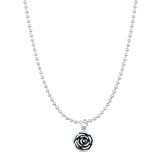 Rose Flower Pendant Oxidized Bead Chain Necklace 925 Sterling Silver