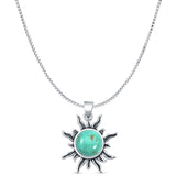 Round Turquoise Sun Pendant Box Chain Necklace Oxidized 925 Sterling Silver