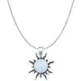 Round Lab Created White Opal Sun Pendant Box Chain Necklace Oxidized 925 Sterling Silver