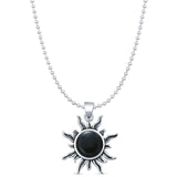 Round Black Onyx Sun Pendant Bead Chain Necklace Oxidized 925 Sterling Silver