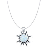 Round Lab Created White Opal Sun Pendant Cable Chain Necklace Oxidized 925 Sterling Silver