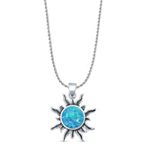 Round Lab Created Blue Opal Sun Pendant Rope Chain Necklace Oxidized 925 Sterling Silver