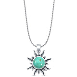 Round Turquoise Sun Pendant Rope Chain Necklace Oxidized 925 Sterling Silver