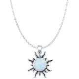 Round Lab Created White Opal Sun Pendant Rolo Chain Necklace Oxidized 925 Sterling Silver