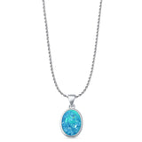 Oval Lab Created Blue Opal Solitaire Pendant Rope Chain Necklace 925 Sterling Silver